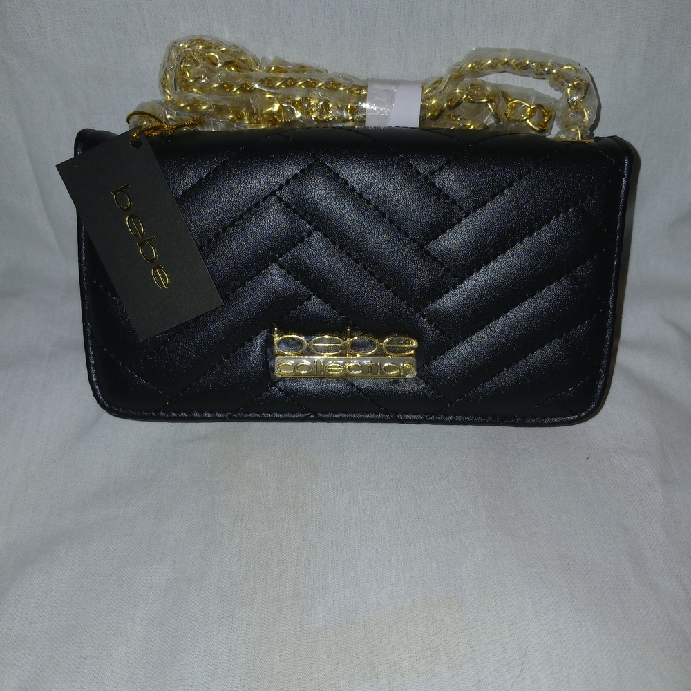 Bebe Black Quilted Crossbody Bag with Gold Chain